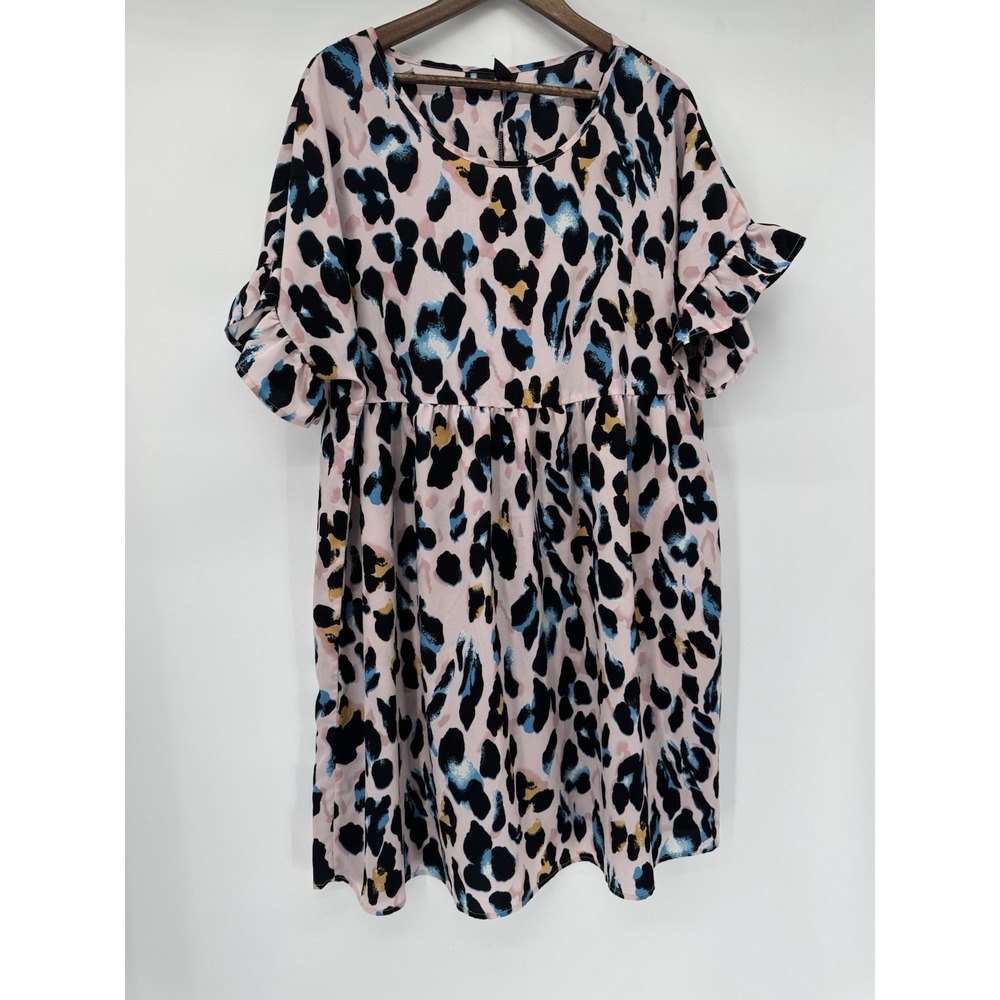 Emery Rose pink cheetah dress plus size flowy ruffle teacher 2X multicolor
